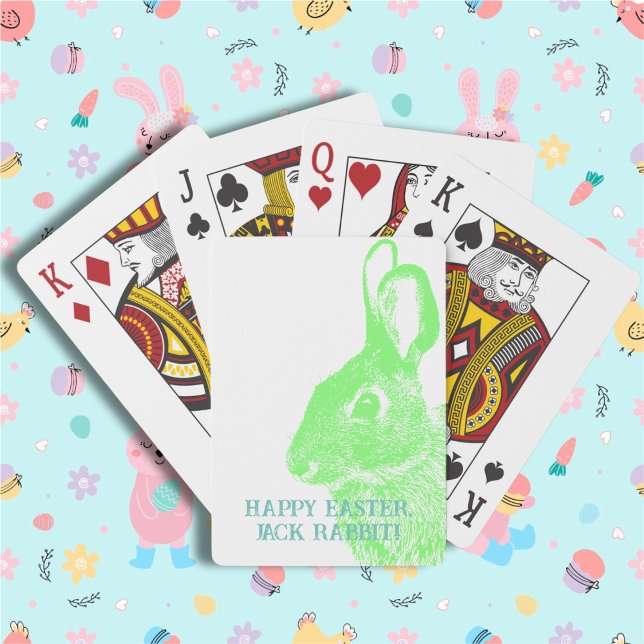 Simple Minimal Green Easter Bunny  Playing Cards (Cute Easter bunny playing cards with stamp like rabbit from a real photo. Customizable with name.
)