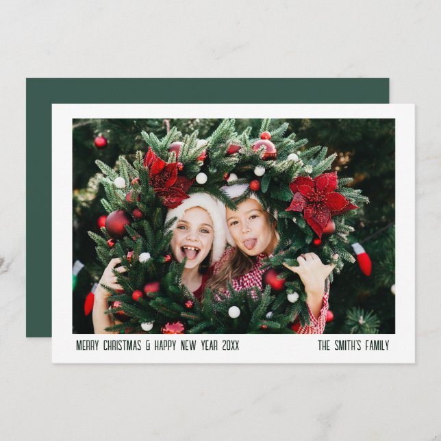 Simple Minimal Green Family Photo Christmas Holiday Card (Front/Back)