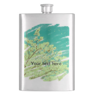 Simple minimal green yellow floral leaves add text hip flask
