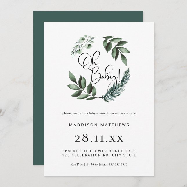 Simple Minimal Greenery Wreath Oh Baby Shower Invi Invitation (Front/Back)