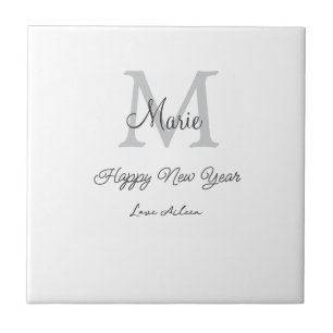 simple minimal happy new year monogram gray name  ceramic tile