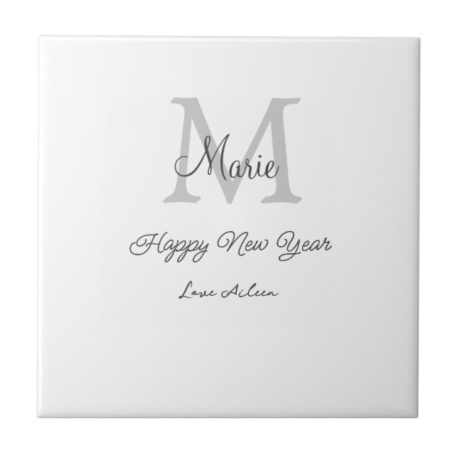 simple minimal happy new year monogram gray name  ceramic tile (Front)