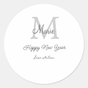 simple minimal happy new year monogram gray name classic round sticker