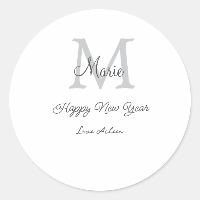 simple minimal happy new year monogram gray name  classic round sticker (Front)