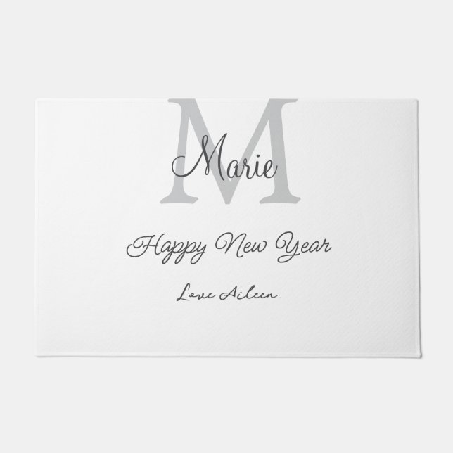 simple minimal happy new year monogram gray name  doormat (Front)