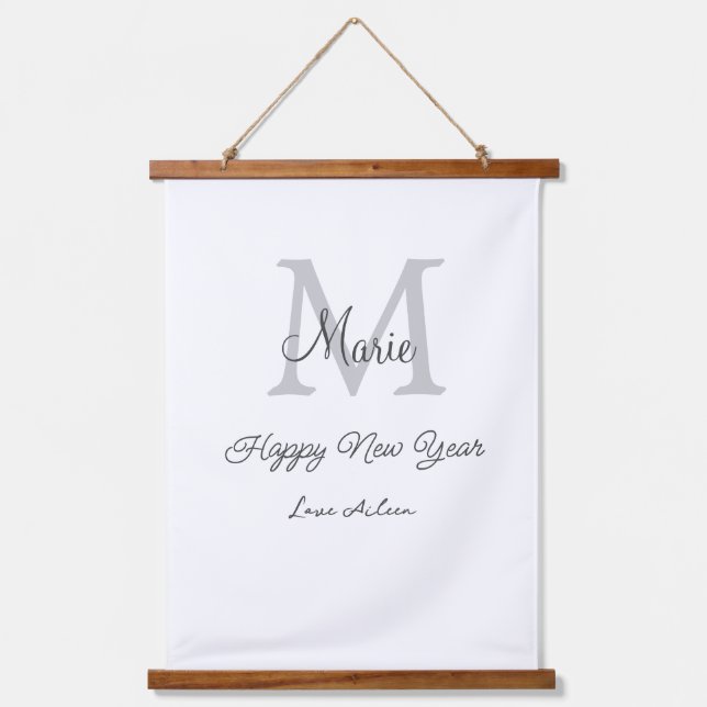 simple minimal happy new year monogram gray name  hanging tapestry (Front)