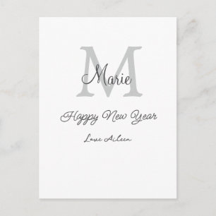 simple minimal happy new year monogram gray name holiday postcard