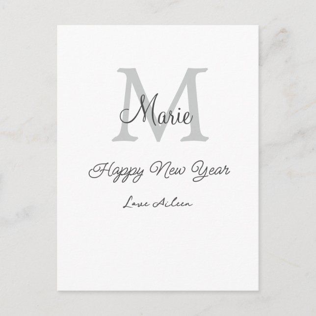 simple minimal happy new year monogram gray name  holiday postcard (Front)
