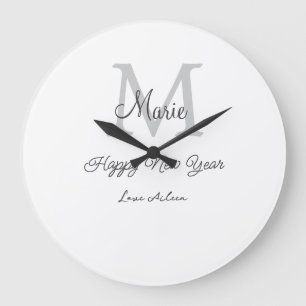 simple minimal happy new year monogram gray name  large clock
