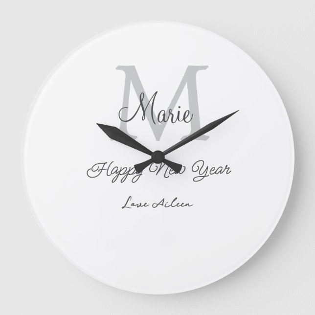 simple minimal happy new year monogram gray name  large clock (Front)
