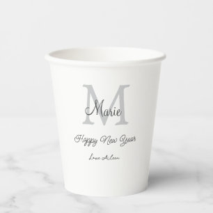 simple minimal happy new year monogram gray name paper cups