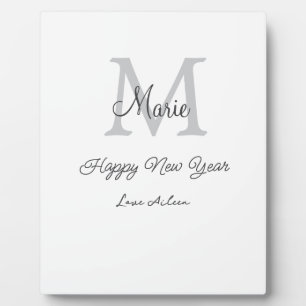 simple minimal happy new year monogram gray name plaque