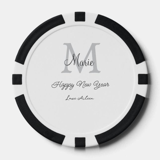 simple minimal happy new year monogram gray name  poker chips (Front)