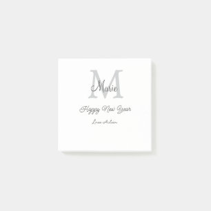 simple minimal happy new year monogram gray name post-it notes