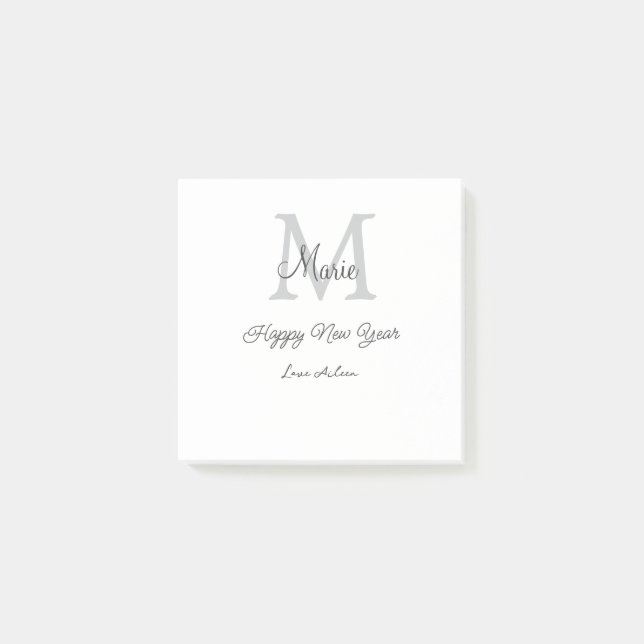 simple minimal happy new year monogram gray name  post-it notes (Front)