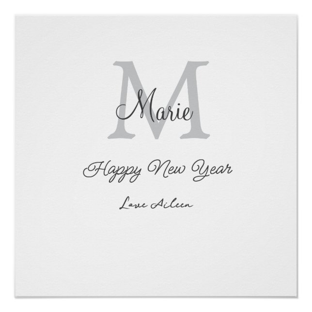 simple minimal happy new year monogram gray name  poster (Front)