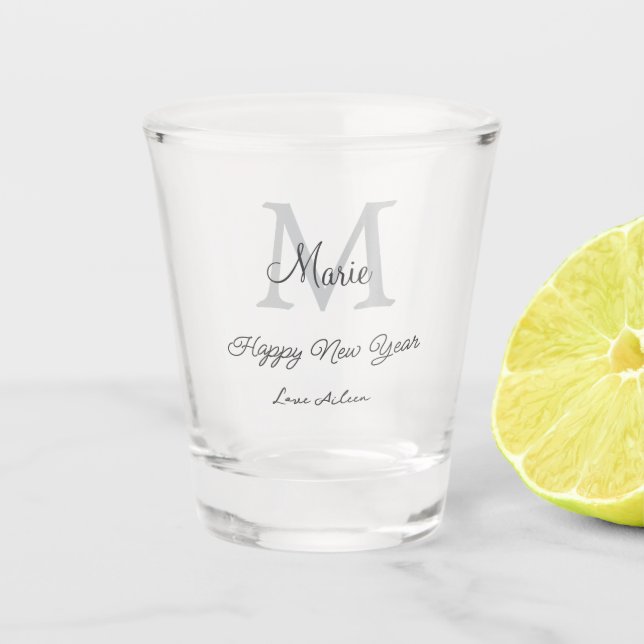 simple minimal happy new year monogram gray name  shot glass (Front)
