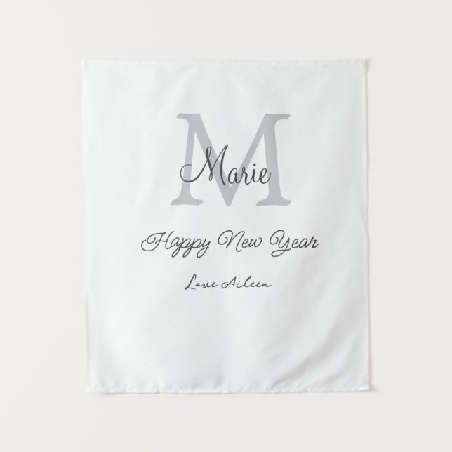 simple minimal happy new year monogram gray name  tapestry (Front)