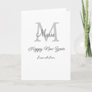 simple minimal happy new year monogram grey name  card