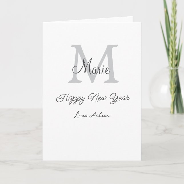 simple minimal happy new year monogram grey name  card (Front)