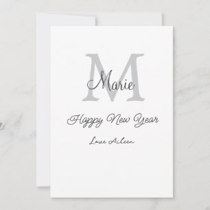simple minimal happy new year monogram grey name holiday card