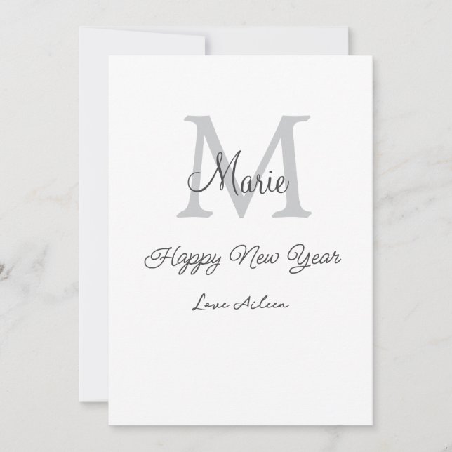 simple minimal happy new year monogram grey name  holiday card (Front)