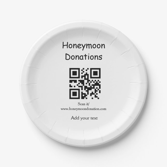 Simple minimal honeymoon donations wedding q r cod paper plate (Front)