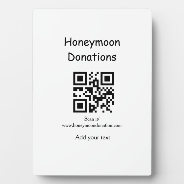 Simple minimal honeymoon donations wedding q r cod plaque (Front)