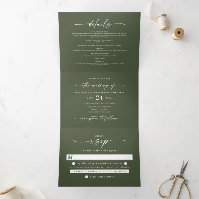 Simple Minimal Hunter Dark Green Budget Wedding Tri-Fold Invitation (Inside)