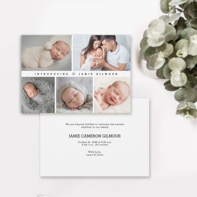 Simple minimal Introducing Baby Photos Invitation (Introducing our baby photo collage with birth stat announcement card.)