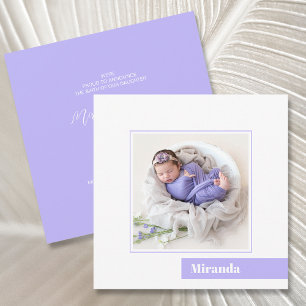 Simple Minimal Lavender Photo Birth Announcement