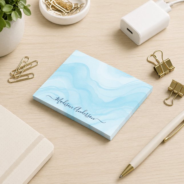 Simple Minimal Light Blue Watercolor Personalised Post-it Notes (Creator Uploaded)