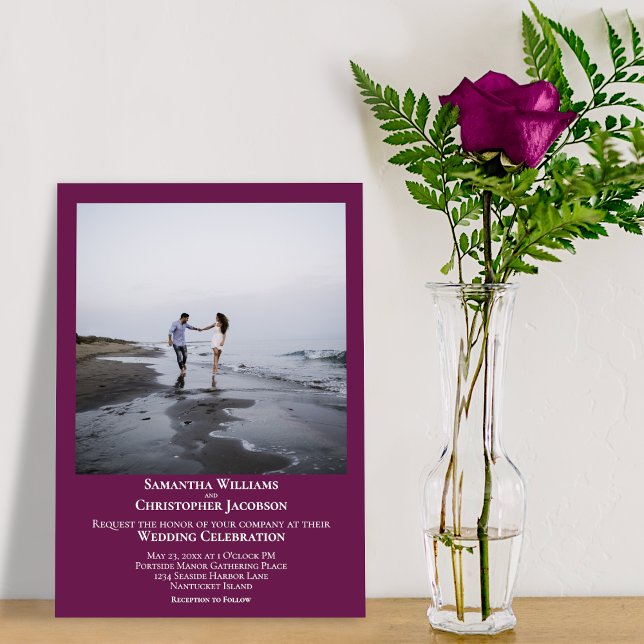 Simple Minimal Modern Cassis Purple Photo Wedding Invitation (Creator Uploaded)