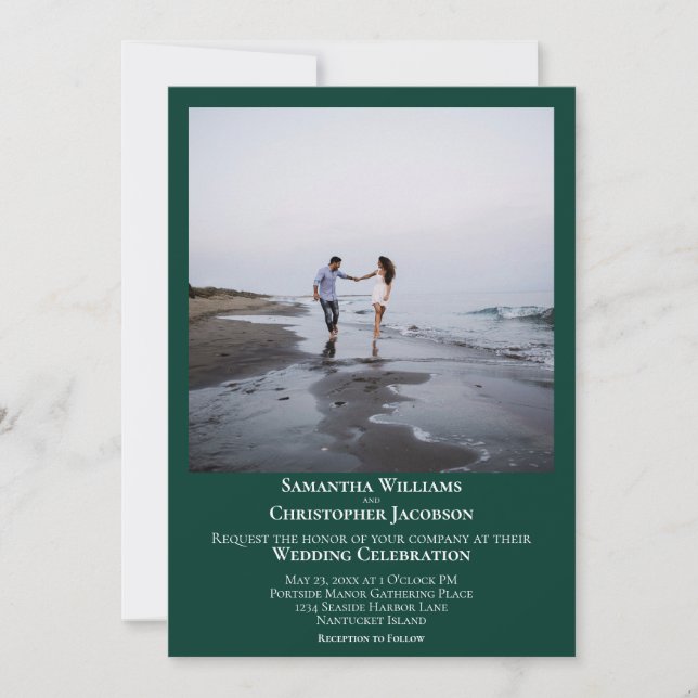 Simple Minimal Modern Emerald Green Photo Wedding Invitation (Front)