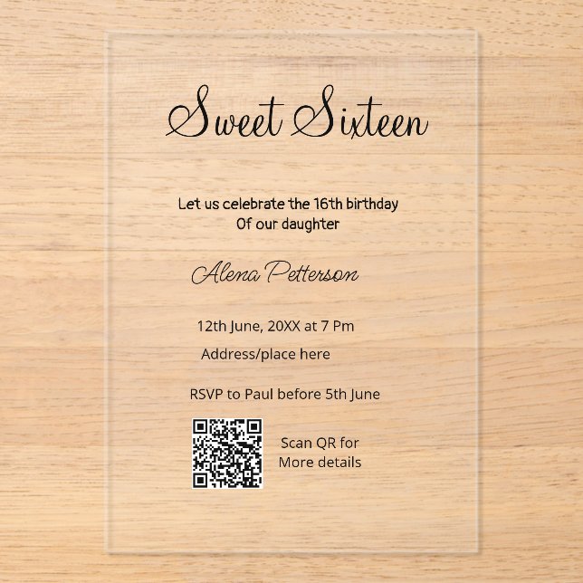 Simple minimal modern QR  Sweet sixteen birthday  Acrylic Invitations (Front)