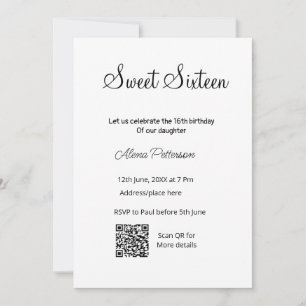 Simple minimal modern QR Sweet sixteen birthday Invitation