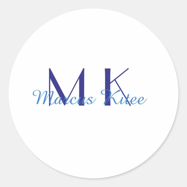 simple minimal monogram personalised name blue ret classic round sticker (Front)