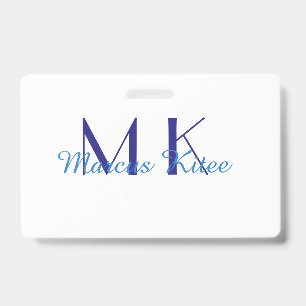 simple minimal monogram personalised name blue ret ID badge