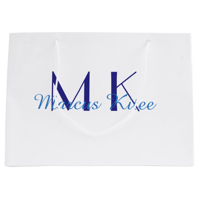 simple minimal monogram personalised name blue ret large gift bag (Front)