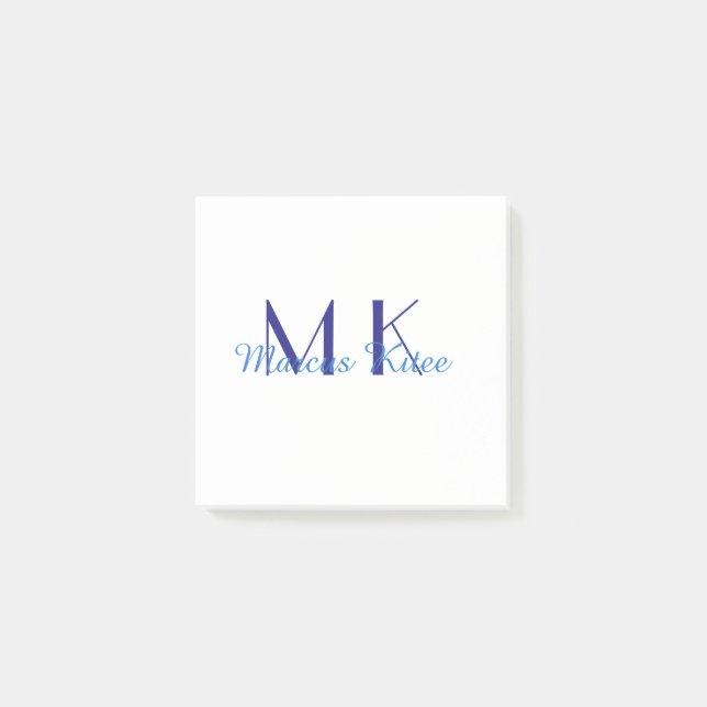 simple minimal monogram personalised name blue ret post-it notes (Front)