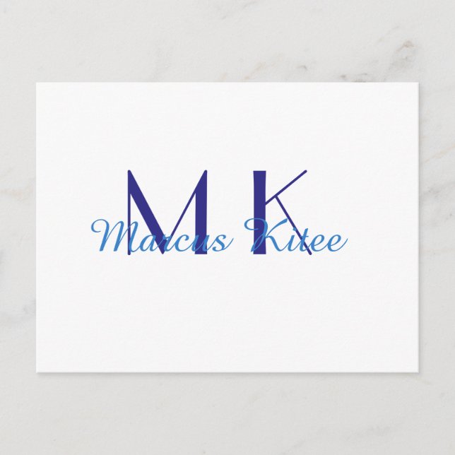 simple minimal monogram personalised name blue ret postcard (Front)