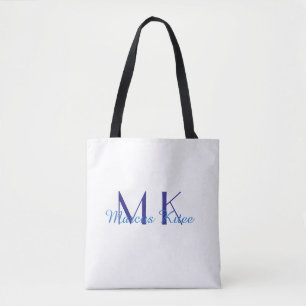 simple minimal monogram personalised name blue ret tote bag