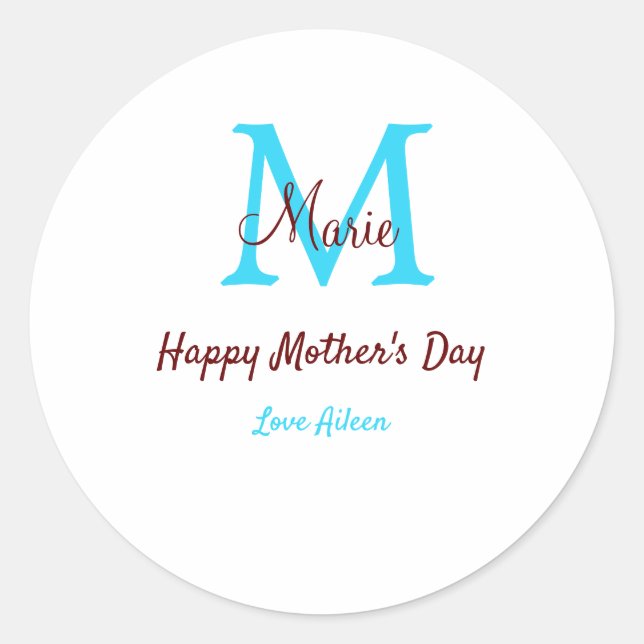simple minimal mother's day blue monogram pink nam classic round sticker (Front)