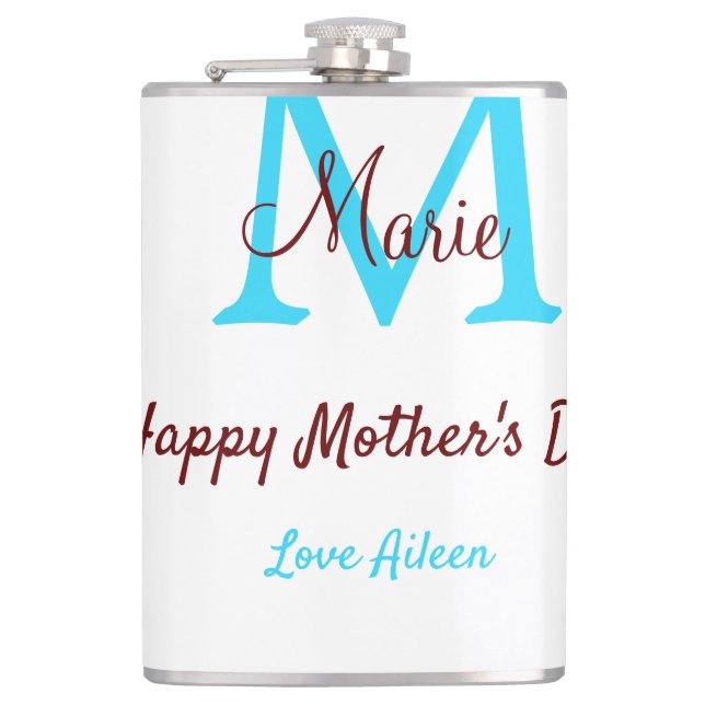 simple minimal mother's day blue monogram pink nam hip flask (Front)