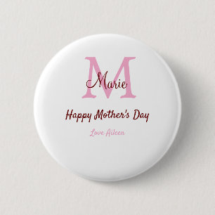 simple minimal mother's day monogram pink name tex 6 cm round badge