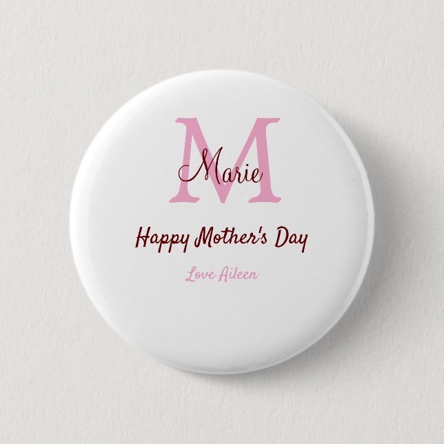 simple minimal mother's day monogram pink name tex 6 cm round badge (Front)