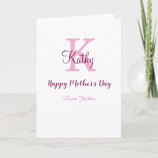 simple minimal mother's day monogram pink name tex card (Front)