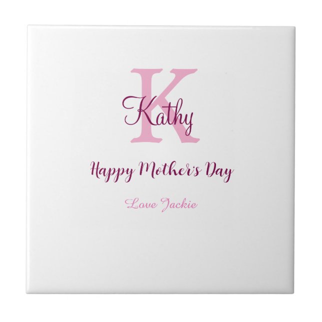 simple minimal mother's day monogram pink name tex ceramic tile (Front)