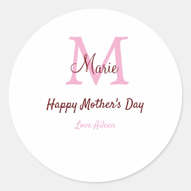 simple minimal mother's day monogram pink name tex classic round sticker (Front)