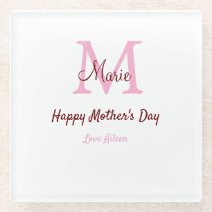 simple minimal mother's day monogram pink name tex glass coaster